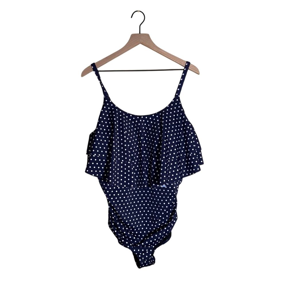 LANDS END double lined mature polka dot ruffle top one piece swimsuit 18